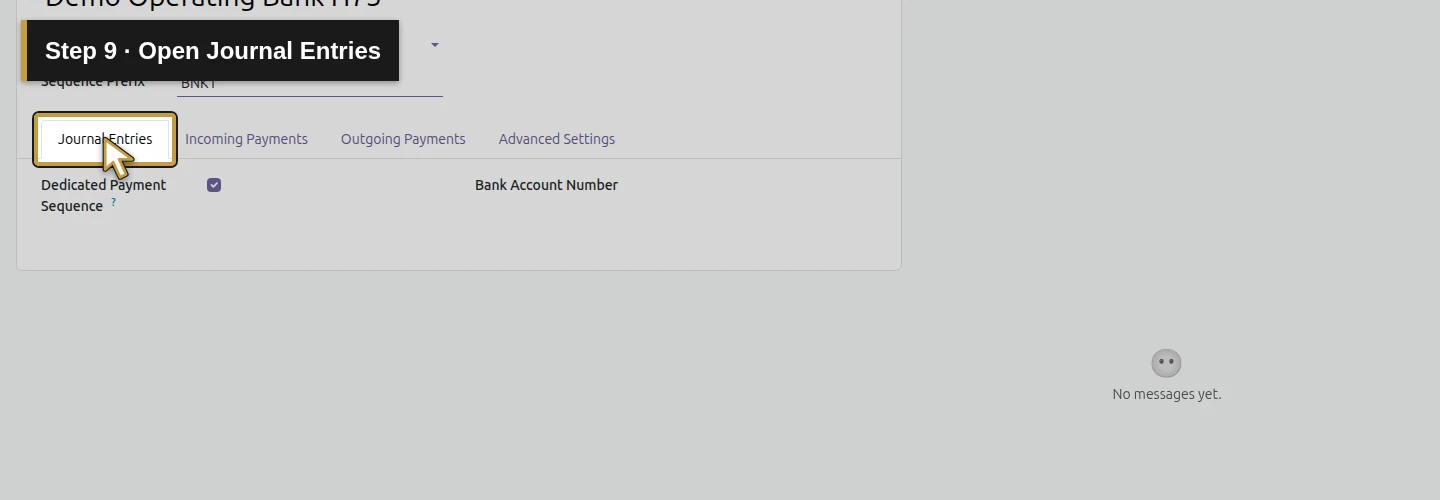 Step 9: Open Journal Entries. The actual Odoo control is highlighted in gold.