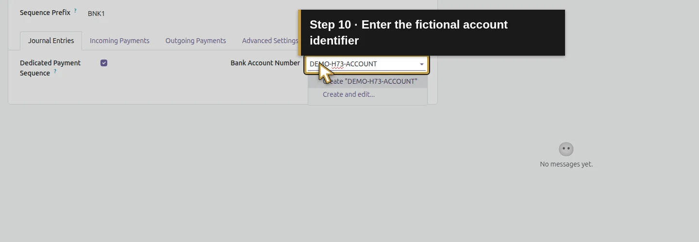 Step 10: Enter the fictional account identifier. The actual Odoo control is highlighted in gold.
