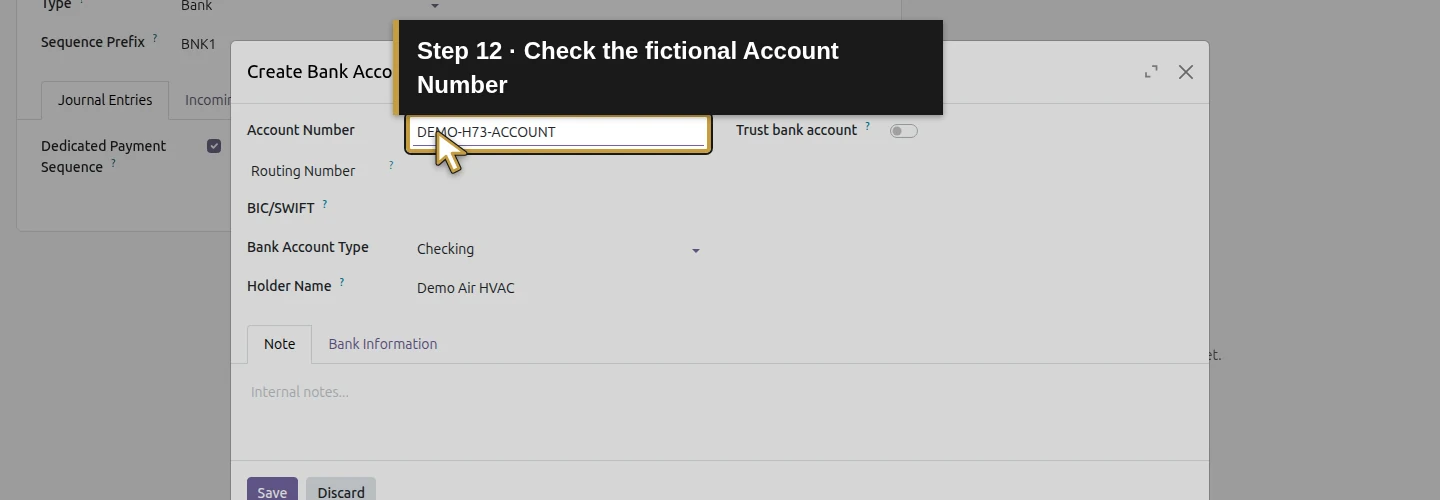 Step 12: Check the fictional Account Number. The actual Odoo control is highlighted in gold.
