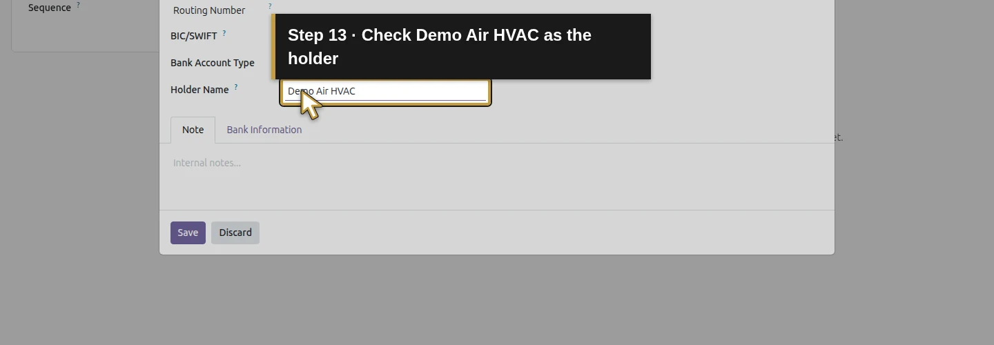 Step 13: Check Demo Air HVAC as the holder. The actual Odoo control is highlighted in gold.
