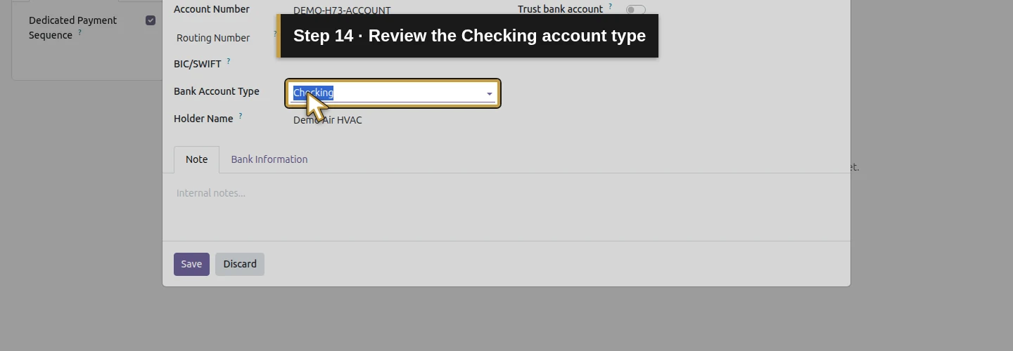 Step 14: Review the Checking account type. The actual Odoo control is highlighted in gold.