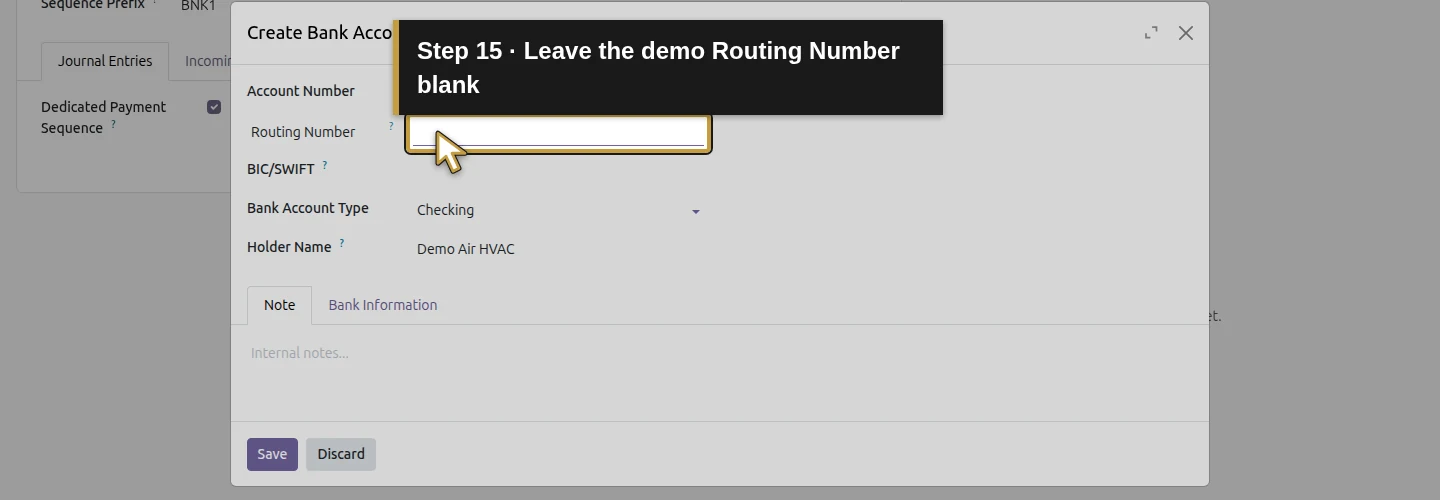 Step 15: Leave the demo Routing Number blank. The actual Odoo control is highlighted in gold.