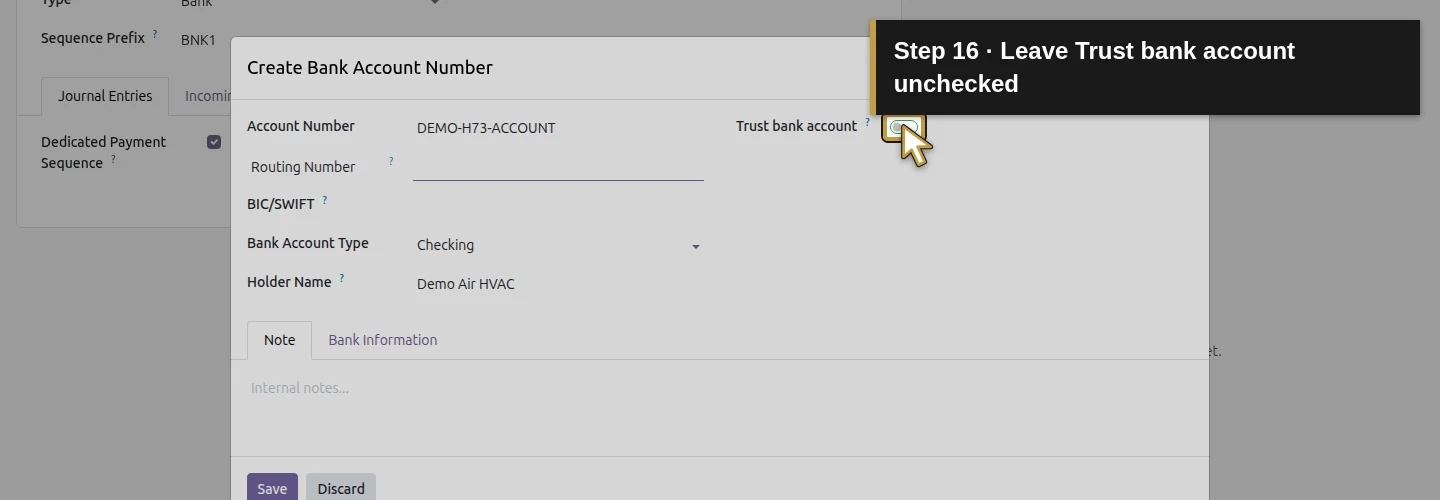 Step 16: Leave Trust bank account unchecked. The actual Odoo control is highlighted in gold.