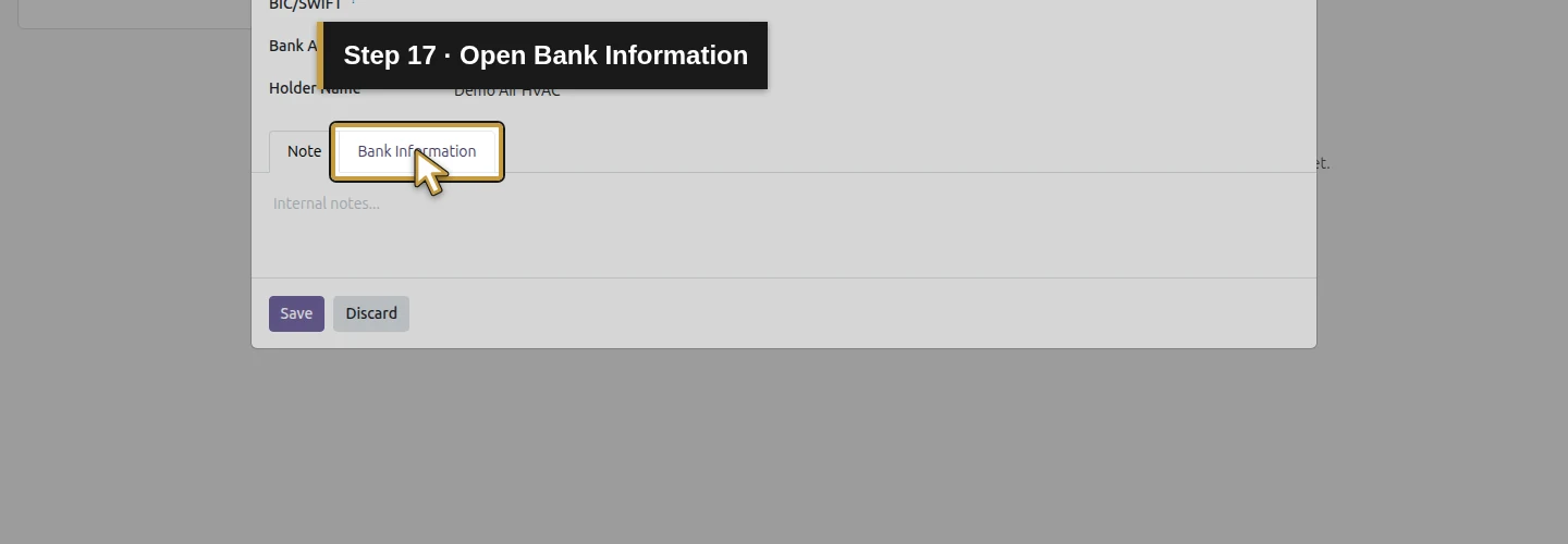 Step 17: Open Bank Information. The actual Odoo control is highlighted in gold.