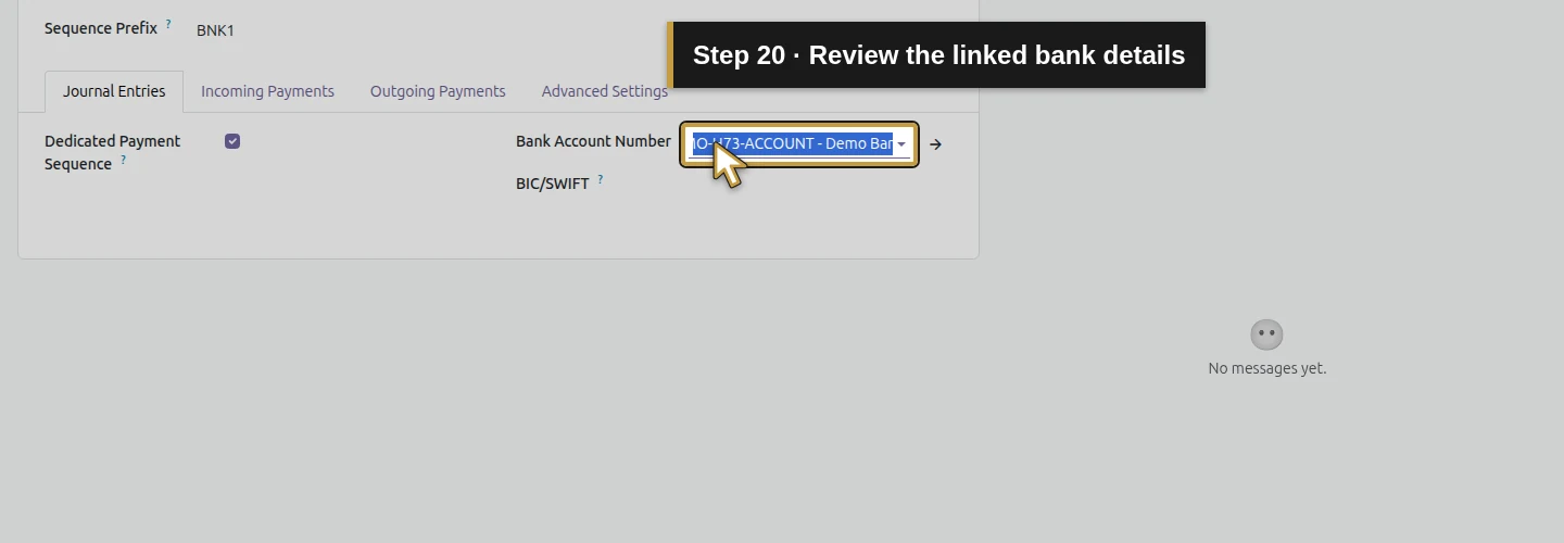 Step 20: Review the linked bank details. The actual Odoo control is highlighted in gold.