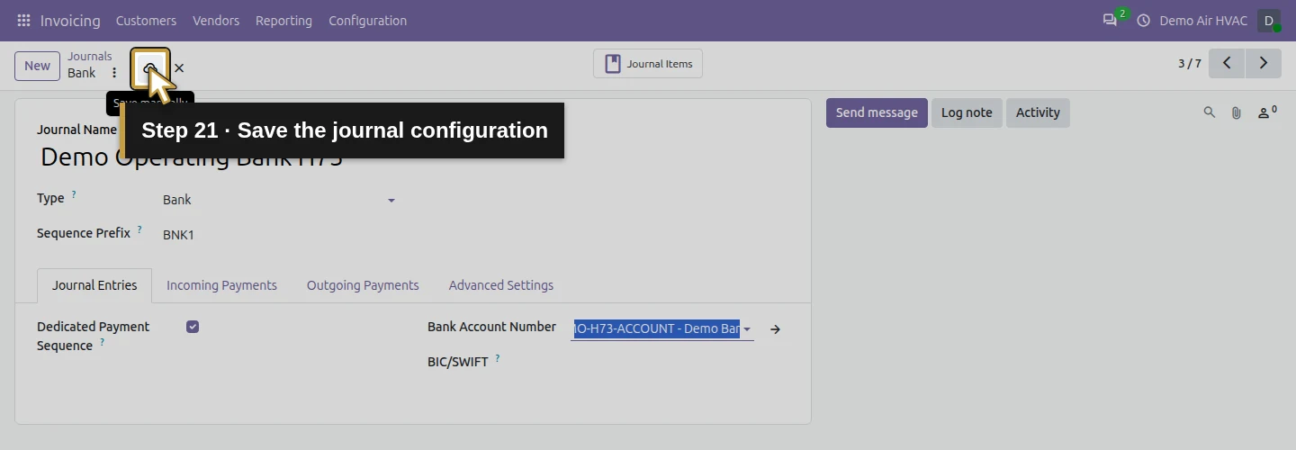 Step 21: Save the journal configuration. The actual Odoo control is highlighted in gold.