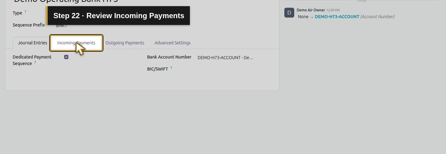 Step 22: Review Incoming Payments. The actual Odoo control is highlighted in gold.