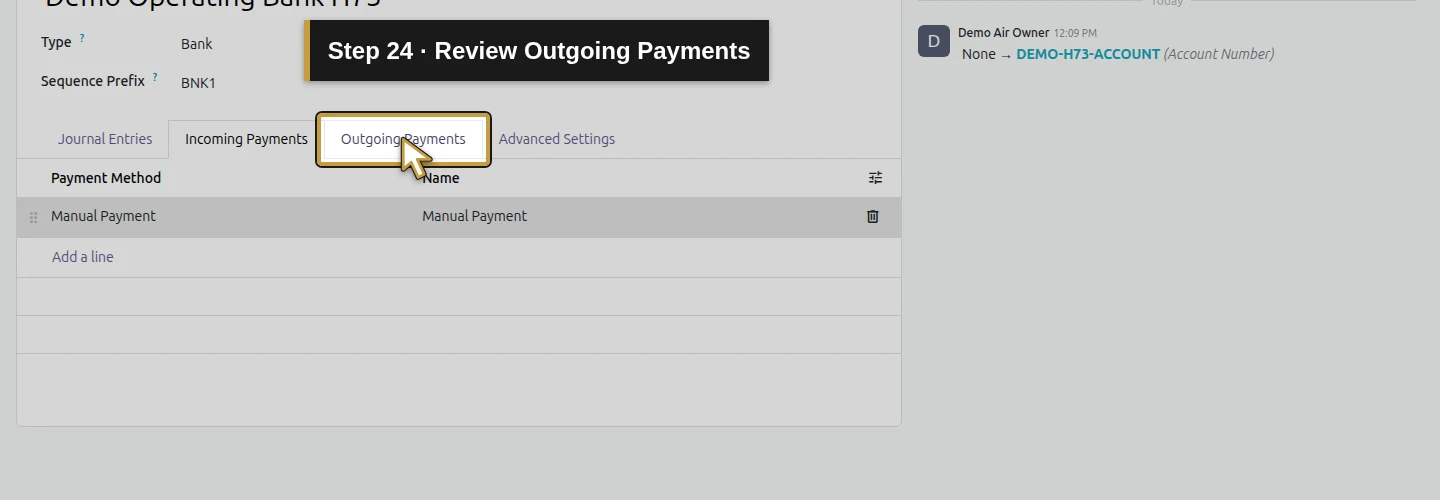 Step 24: Review Outgoing Payments. The actual Odoo control is highlighted in gold.