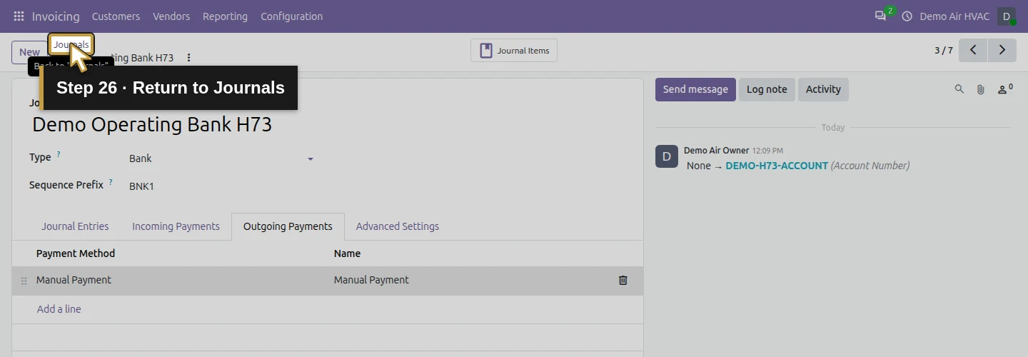 Step 26: Return to Journals. The actual Odoo control is highlighted in gold.