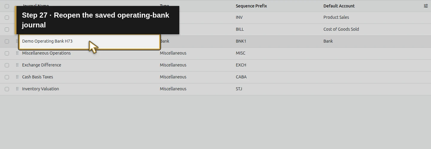 Step 27: Reopen the saved operating-bank journal. The actual Odoo control is highlighted in gold.