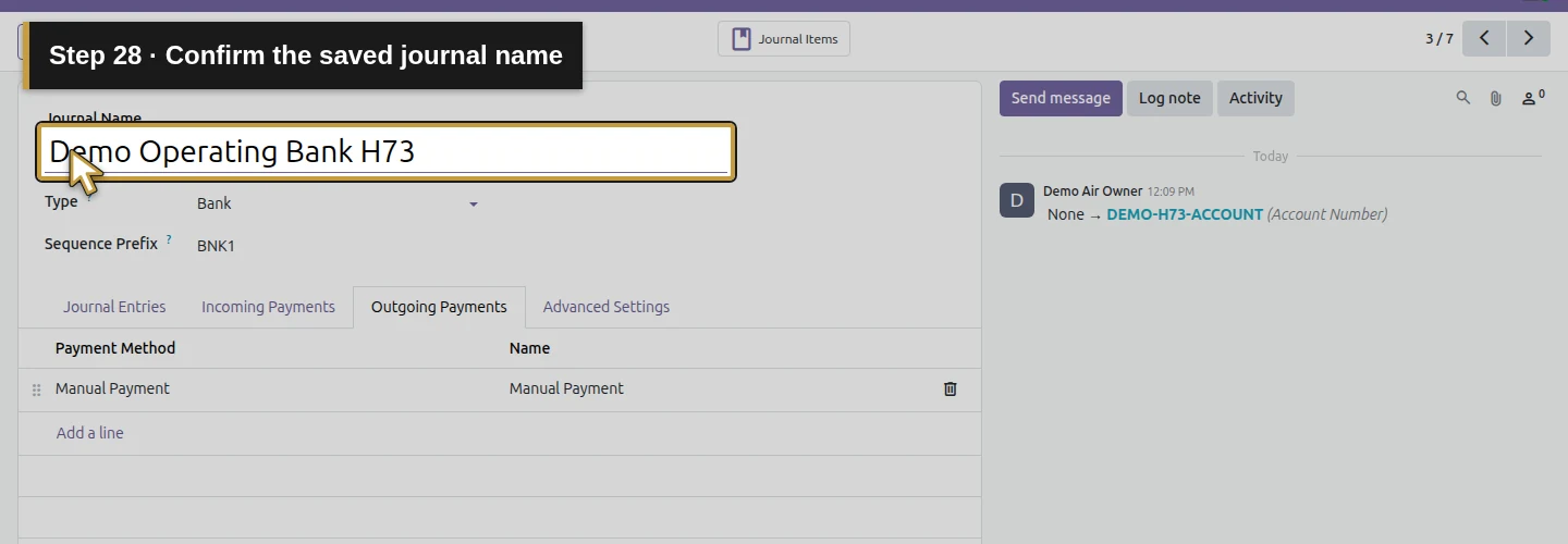 Step 28: Confirm the saved journal name. The actual Odoo control is highlighted in gold.