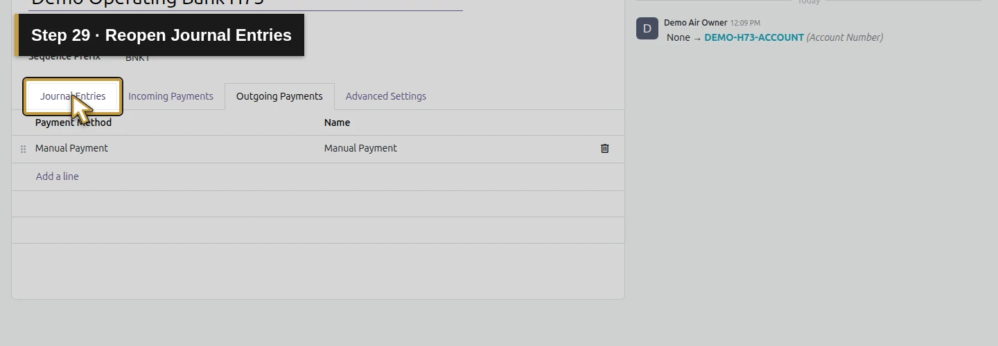 Step 29: Reopen Journal Entries. The actual Odoo control is highlighted in gold.