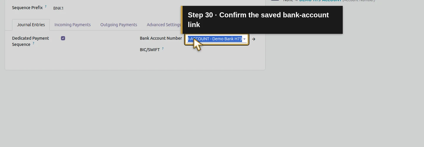 Step 30: Confirm the saved bank-account link. The actual Odoo control is highlighted in gold.