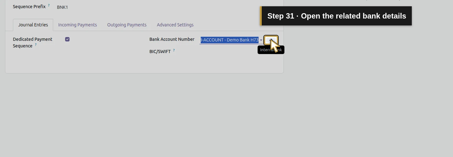 Step 31: Open the related bank details. The actual Odoo control is highlighted in gold.