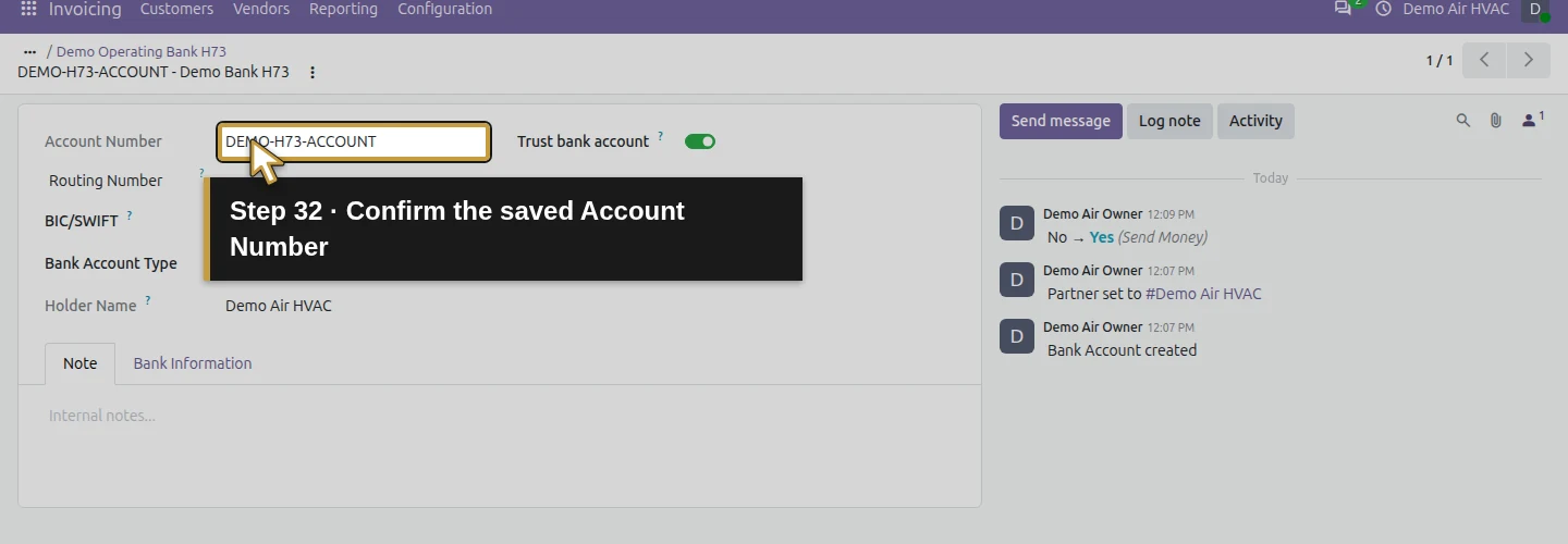 Step 32: Confirm the saved Account Number. The actual Odoo control is highlighted in gold.
