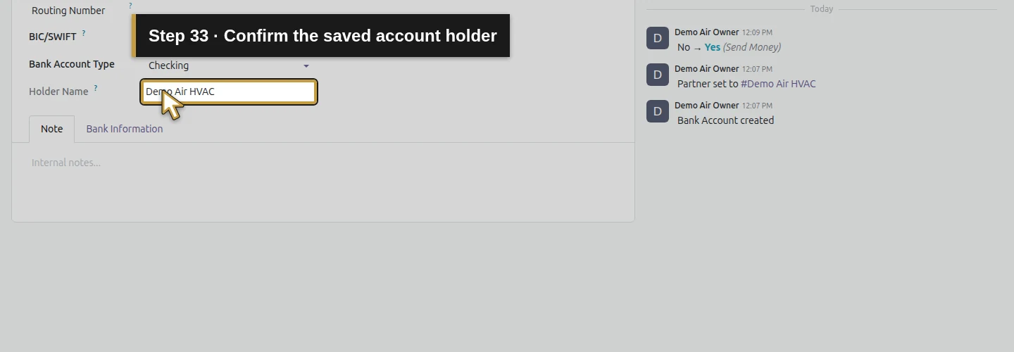 Step 33: Confirm the saved account holder. The actual Odoo control is highlighted in gold.
