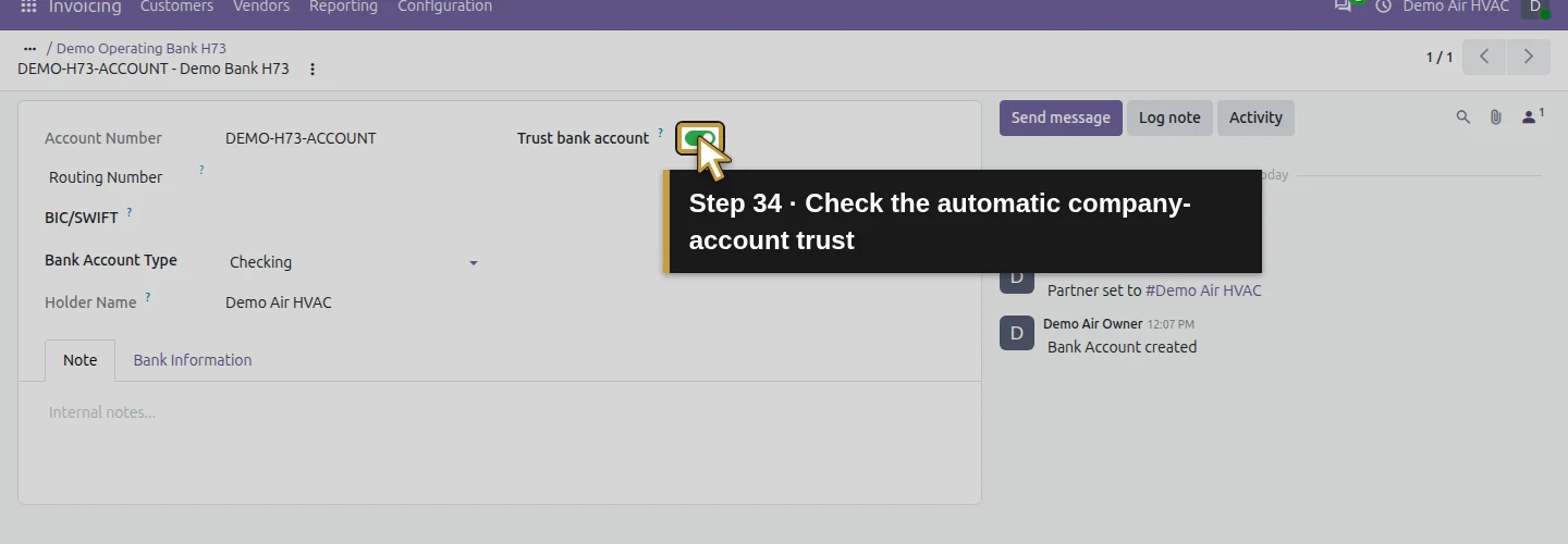 Step 34: Check the automatic company-account trust. The actual Odoo control is highlighted in gold.