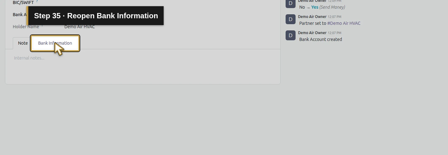Step 35: Reopen Bank Information. The actual Odoo control is highlighted in gold.