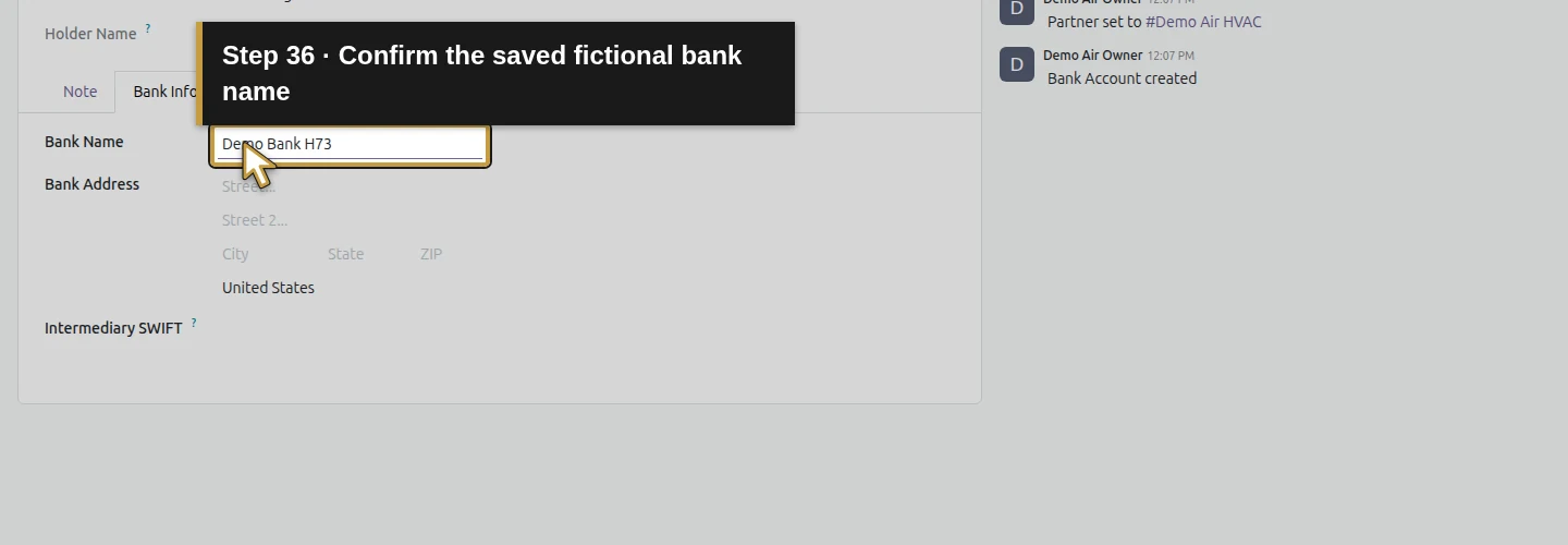 Step 36: Confirm the saved fictional bank name. The actual Odoo control is highlighted in gold.