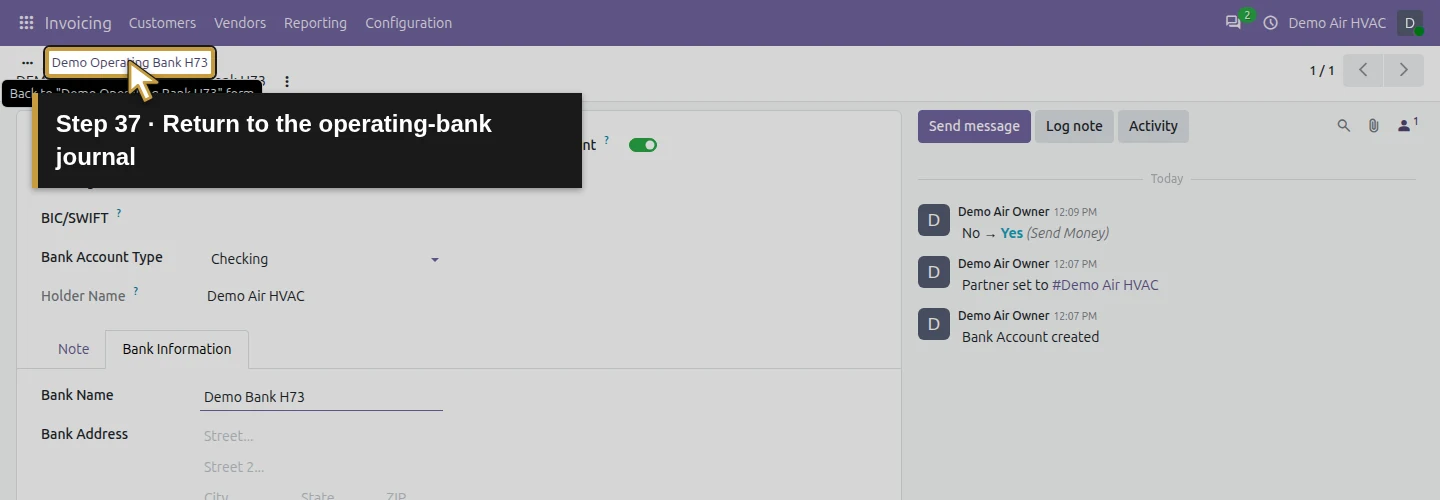 Step 37: Return to the operating-bank journal. The actual Odoo control is highlighted in gold.