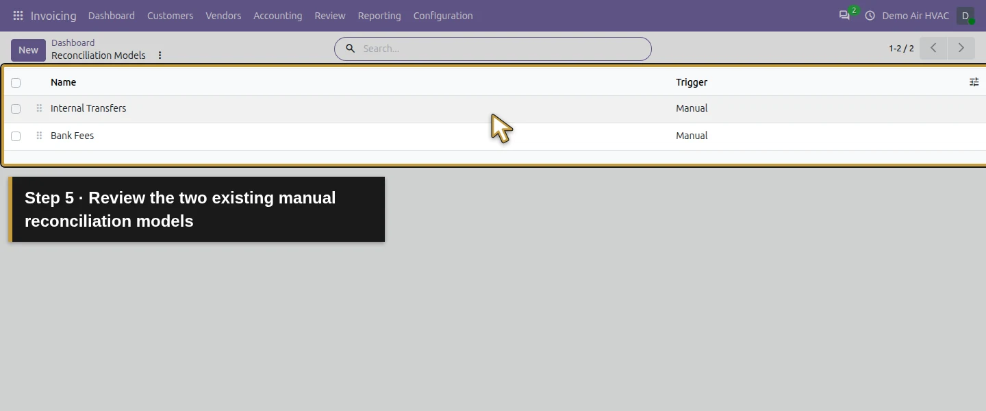 Action 5: Review the two existing manual reconciliation models. The actual target is highlighted in gold.