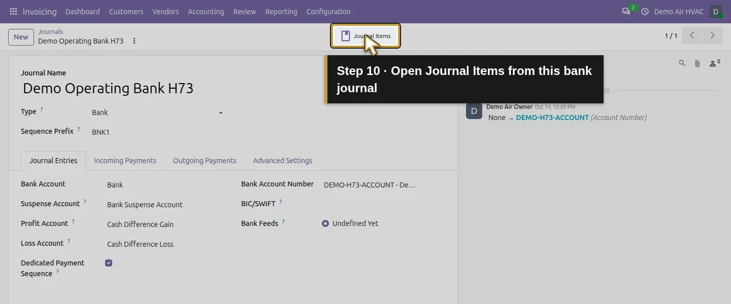 Action 10: Open Journal Items from this bank journal. The actual target is highlighted in gold.