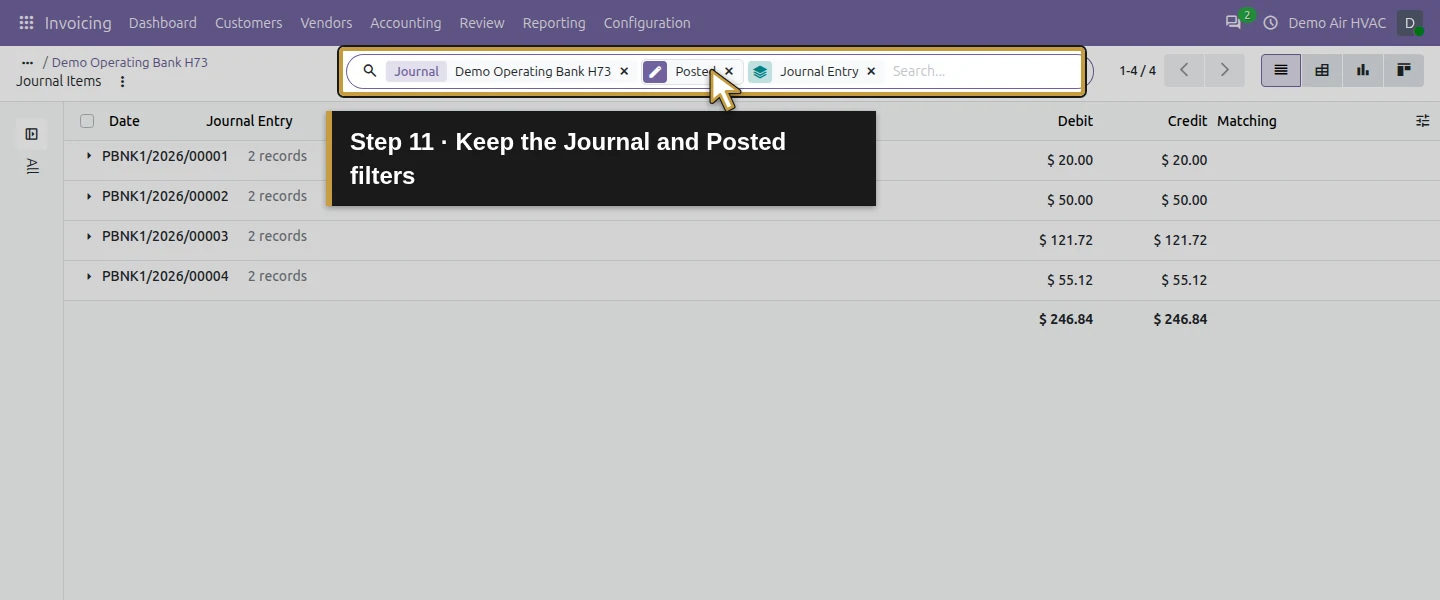 Action 11: Keep the Journal and Posted filters. The actual target is highlighted in gold.