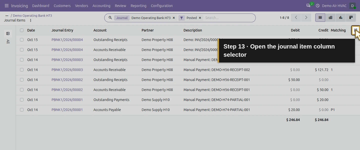 Action 13: Open the journal item column selector. The actual target is highlighted in gold.