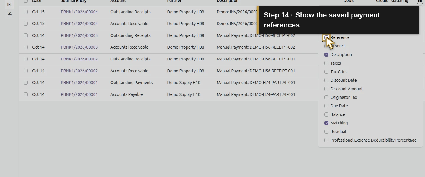 Action 14: Show the saved payment references. The actual target is highlighted in gold.