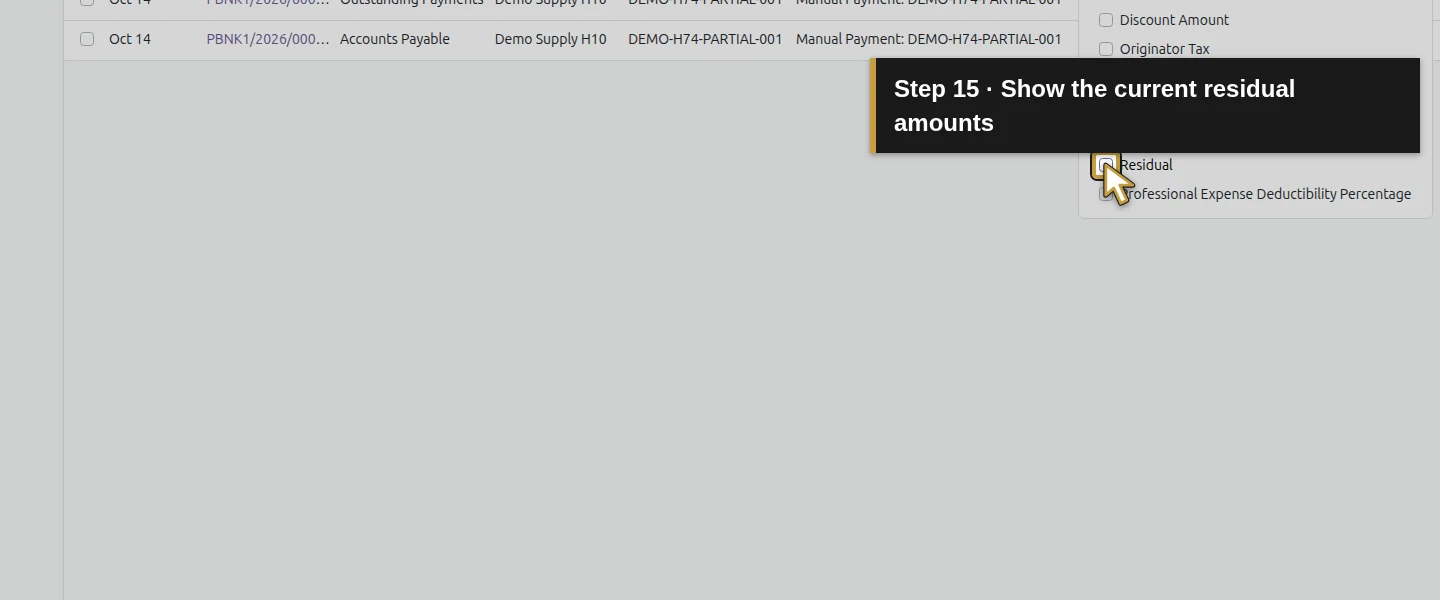 Action 15: Show the current residual amounts. The actual target is highlighted in gold.