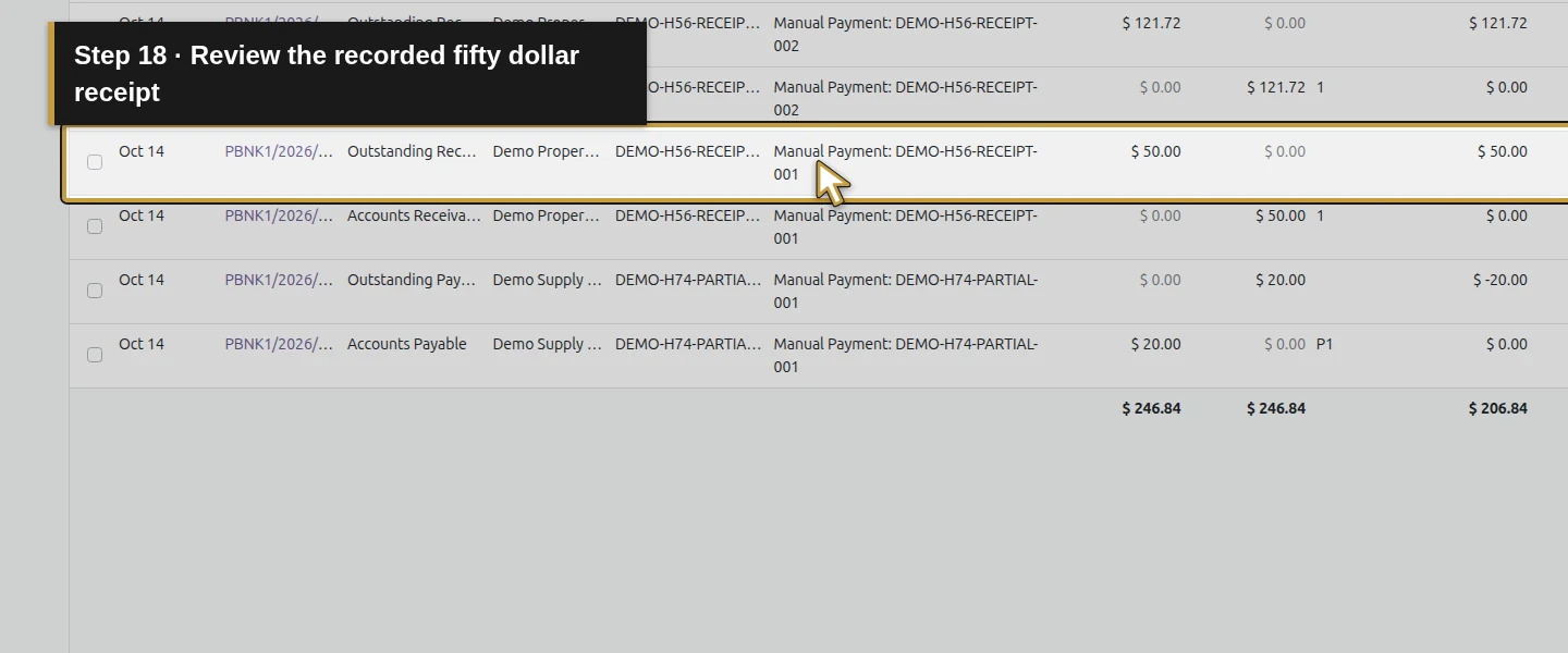 Action 18: Review the recorded fifty dollar receipt. The actual target is highlighted in gold.
