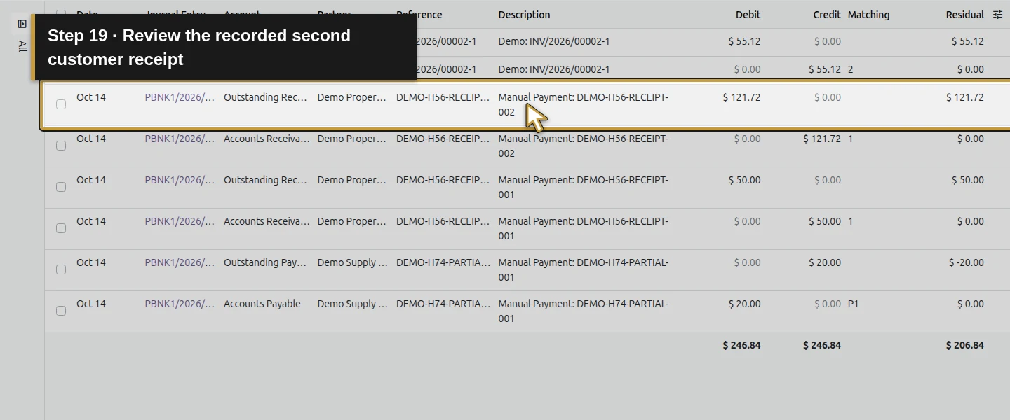 Action 19: Review the recorded second customer receipt. The actual target is highlighted in gold.