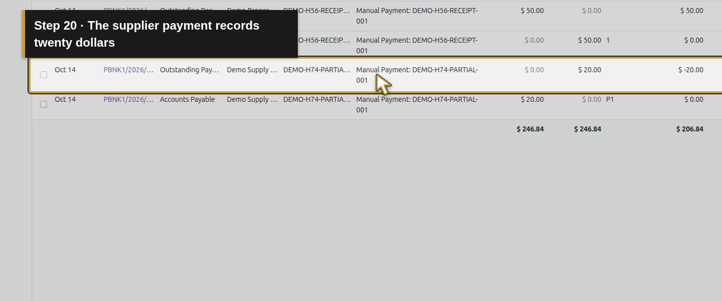 Action 20: The supplier payment records twenty dollars. The actual target is highlighted in gold.