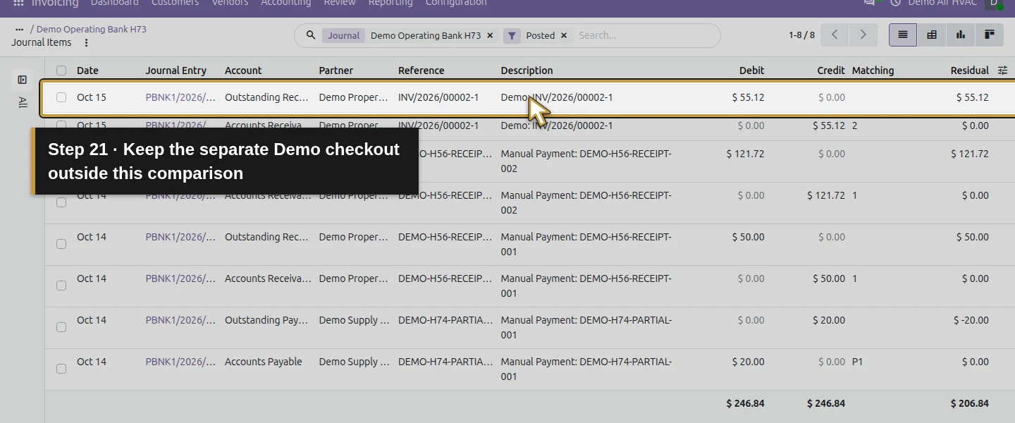 Action 21: Keep the separate Demo checkout outside this comparison. The actual target is highlighted in gold.