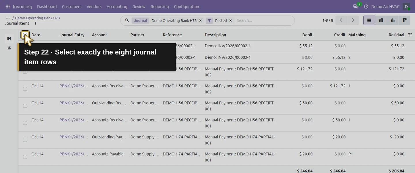 Action 22: Select exactly the eight journal item rows. The actual target is highlighted in gold.