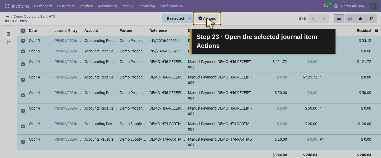 Action 23: Open the selected journal item Actions. The actual target is highlighted in gold.