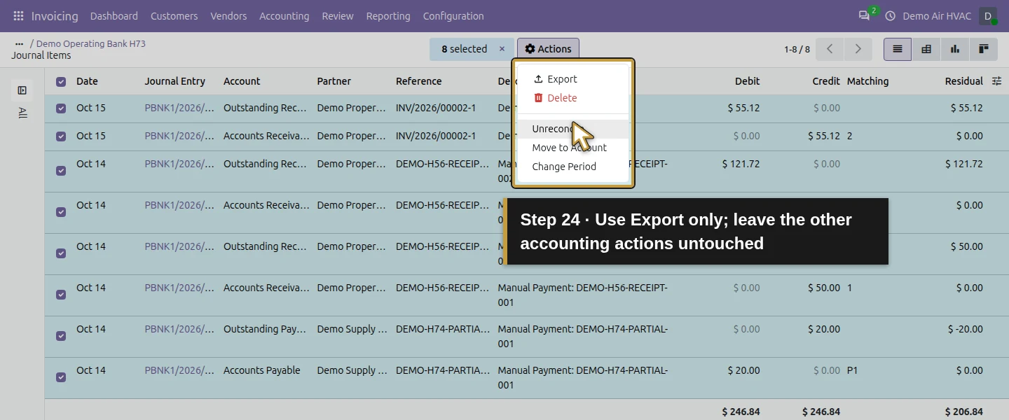 Action 24: Use Export only; leave the other accounting actions untouched. The actual target is highlighted in gold.