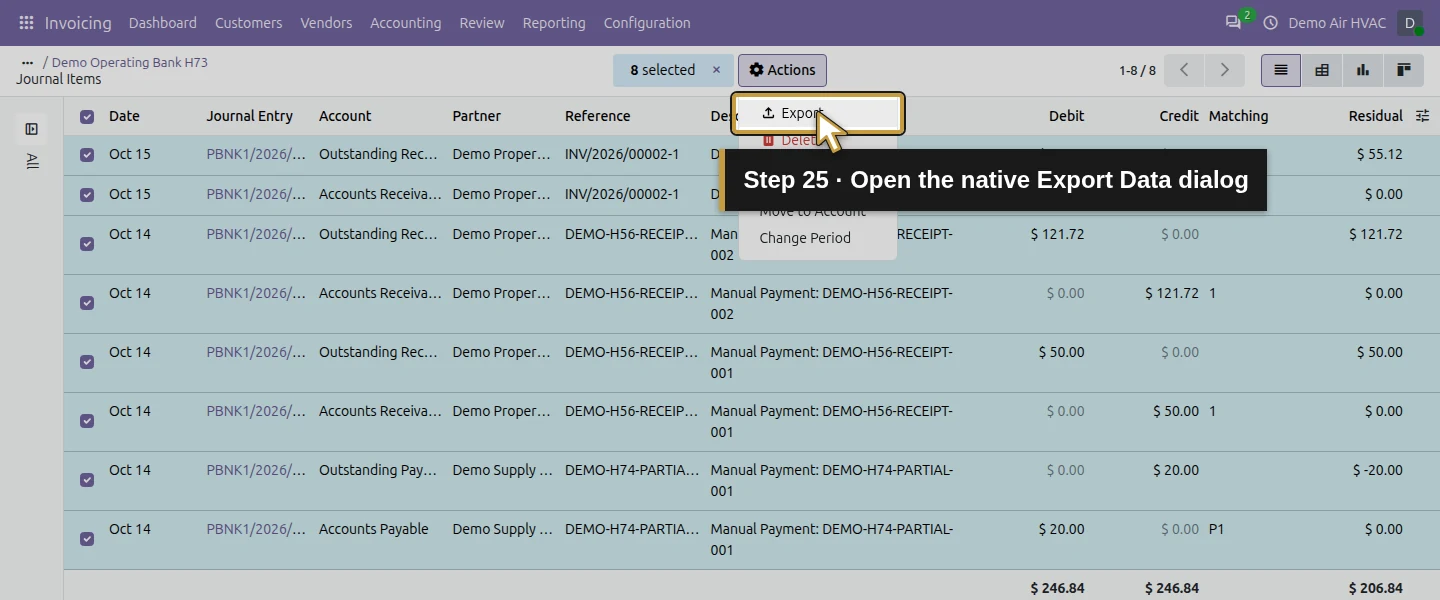 Action 25: Open the native Export Data dialog. The actual target is highlighted in gold.