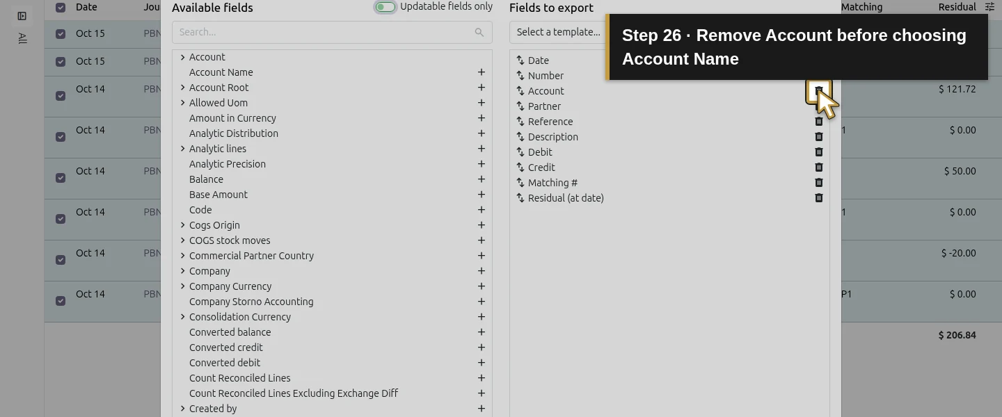 Action 26: Remove Account before choosing Account Name. The actual target is highlighted in gold.