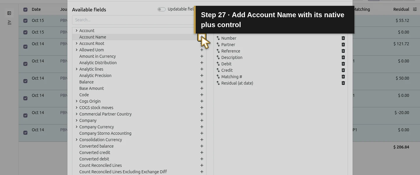 Action 27: Add Account Name with its native plus control. The actual target is highlighted in gold.