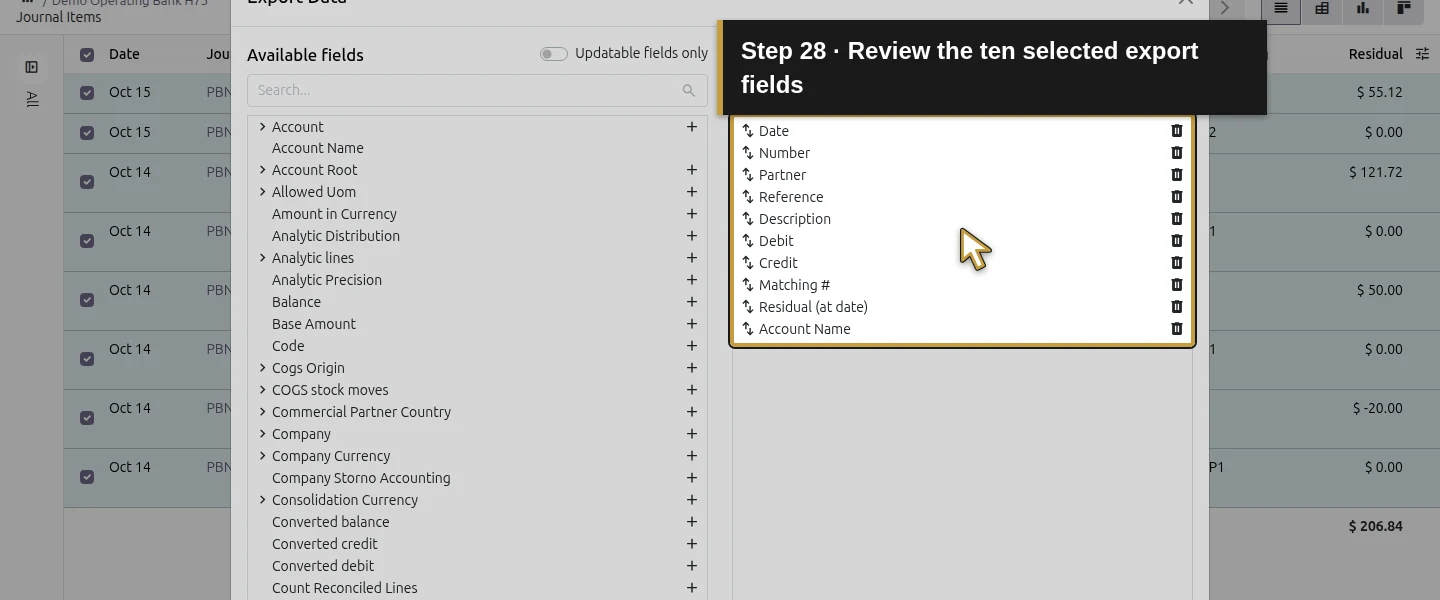 Action 28: Review the ten selected export fields. The actual target is highlighted in gold.