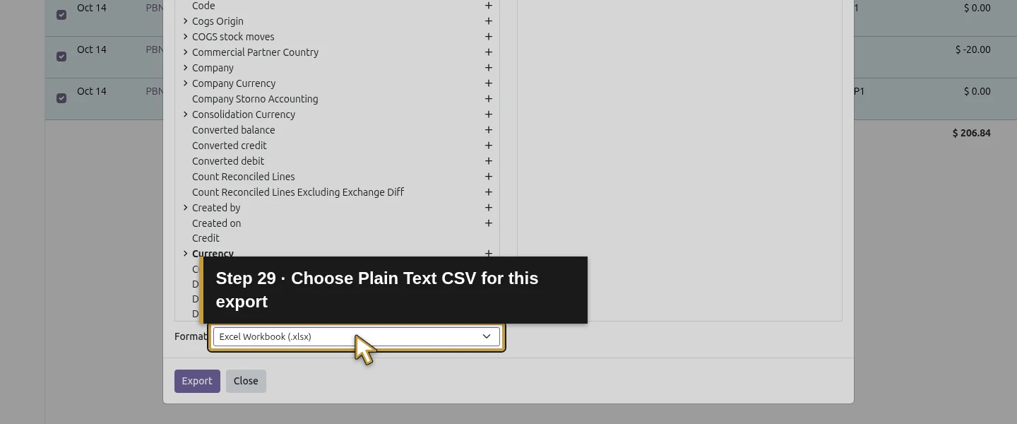 Action 29: Choose Plain Text CSV for this export. The actual target is highlighted in gold.