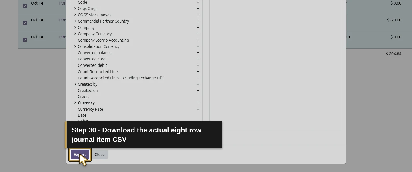 Action 30: Download the actual eight row journal item CSV. The actual target is highlighted in gold.
