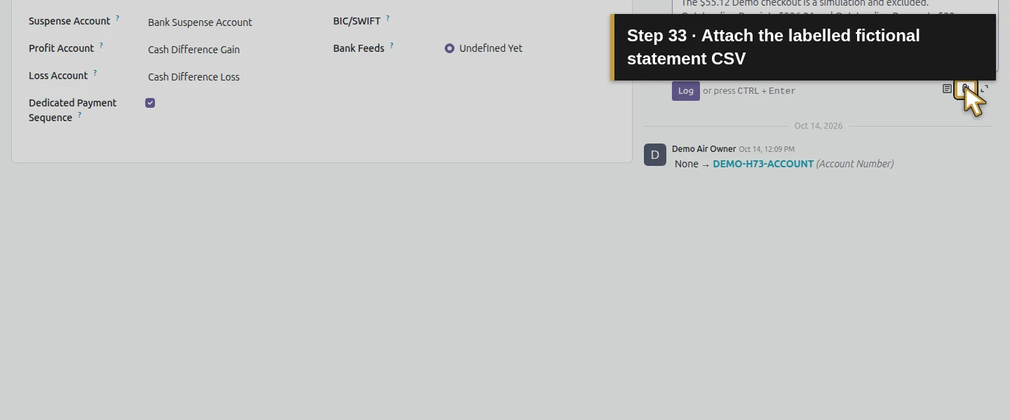 Action 33: Attach the labelled fictional statement CSV. The actual target is highlighted in gold.
