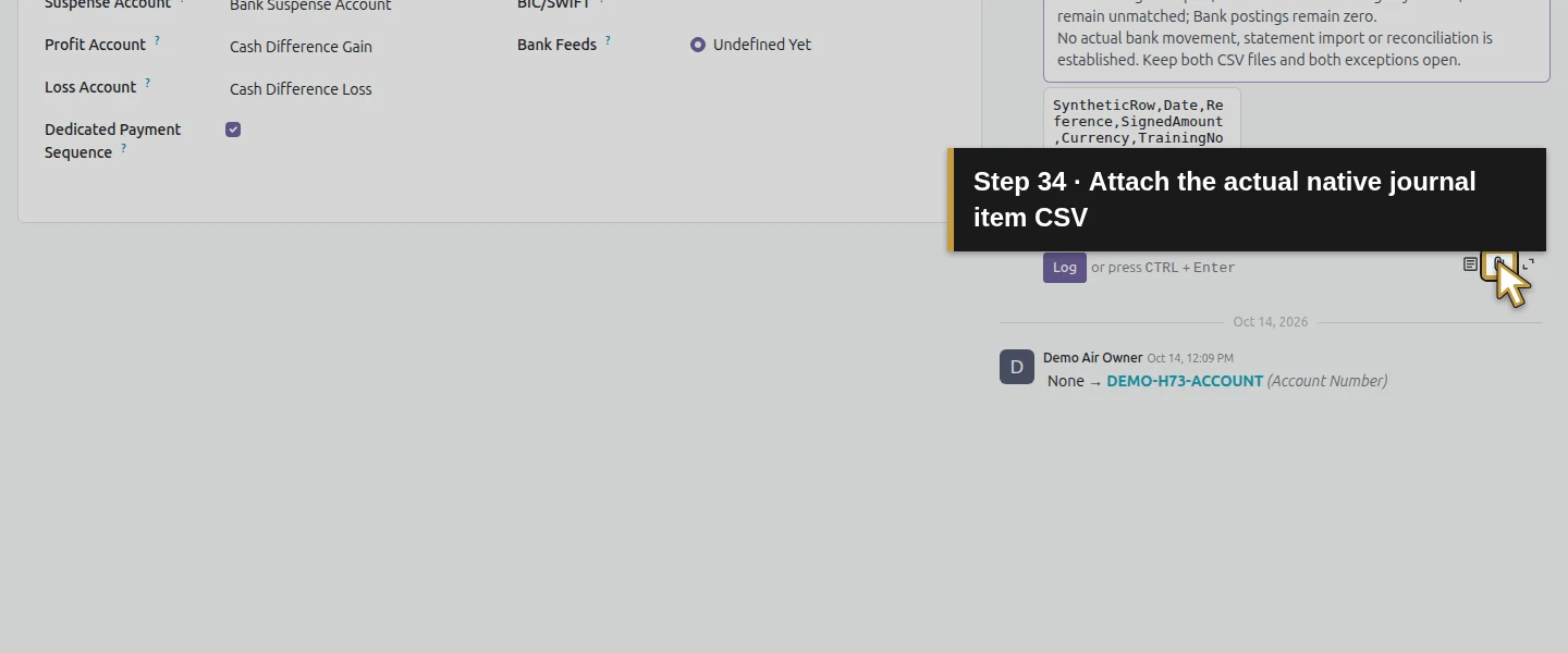 Action 34: Attach the actual native journal item CSV. The actual target is highlighted in gold.