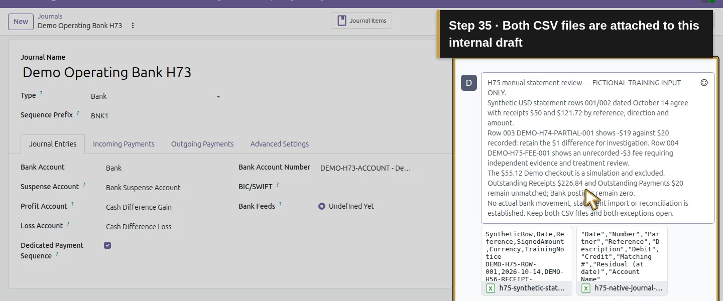 Action 35: Both CSV files are attached to this internal draft. The actual target is highlighted in gold.