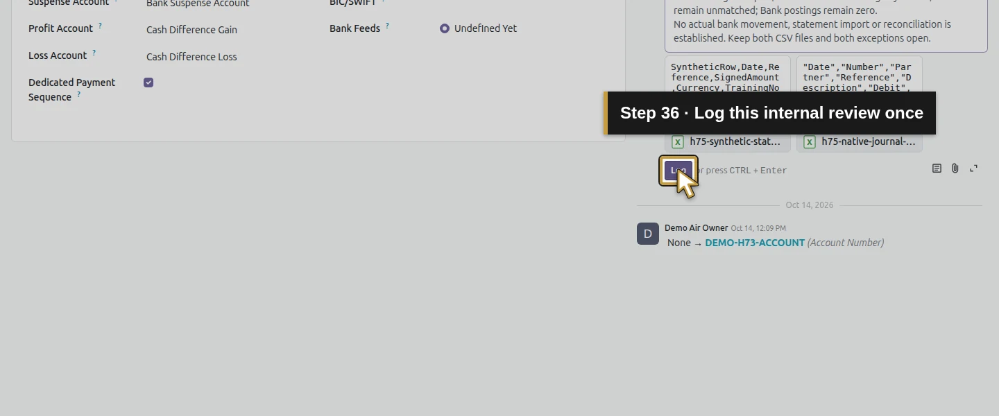 Action 36: Log this internal review once. The actual target is highlighted in gold.