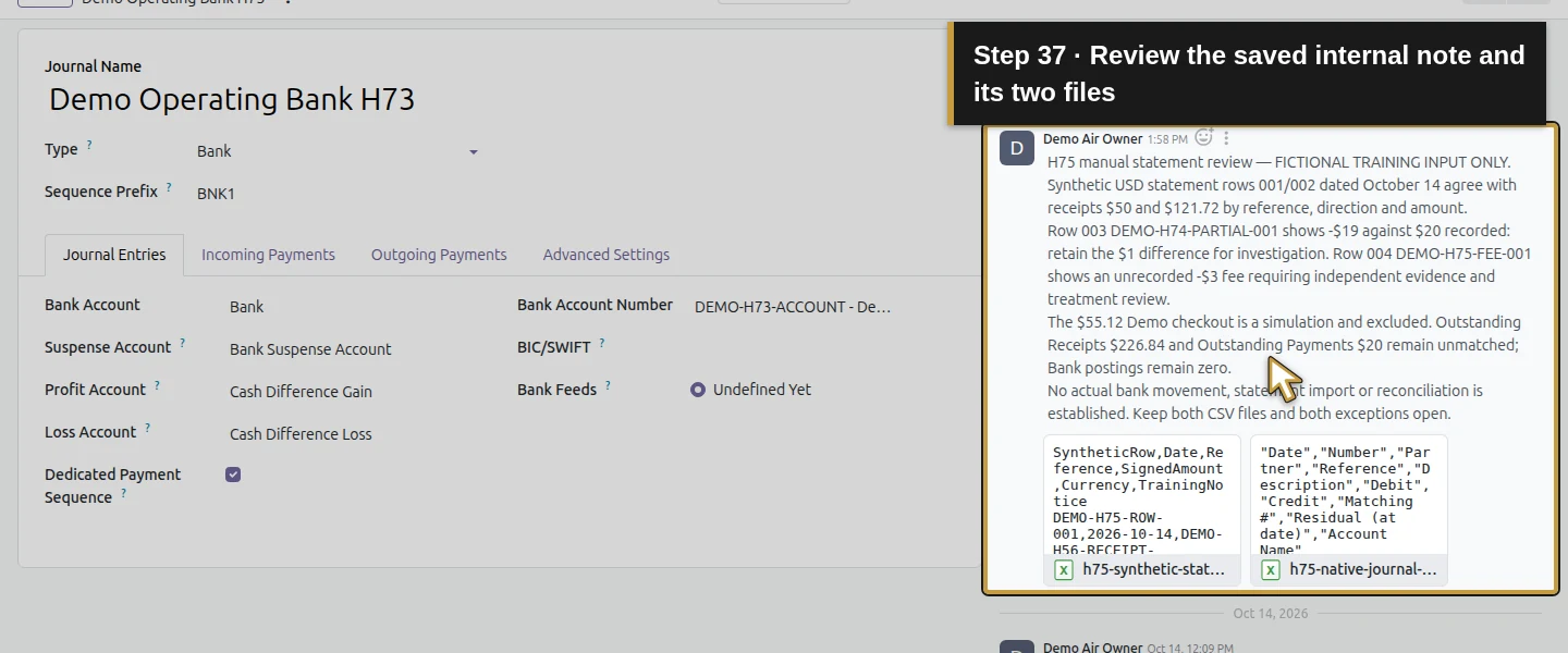 Action 37: Review the saved internal note and its two files. The actual target is highlighted in gold.