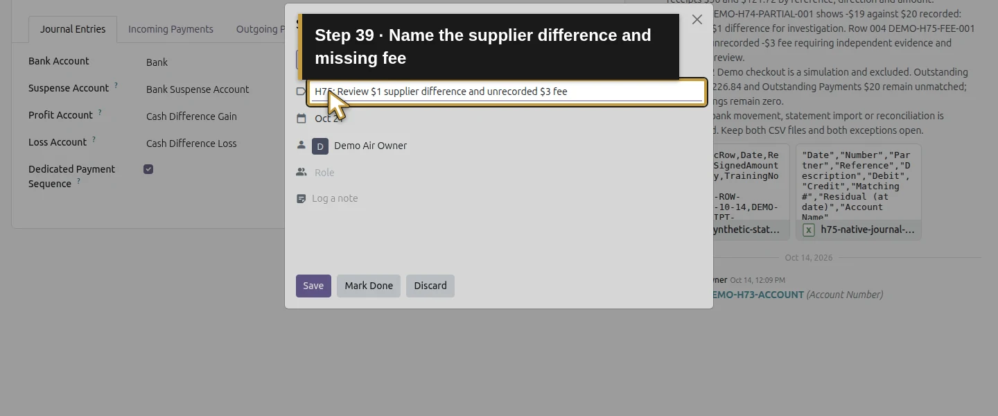 Action 39: Name the supplier difference and missing fee. The actual target is highlighted in gold.