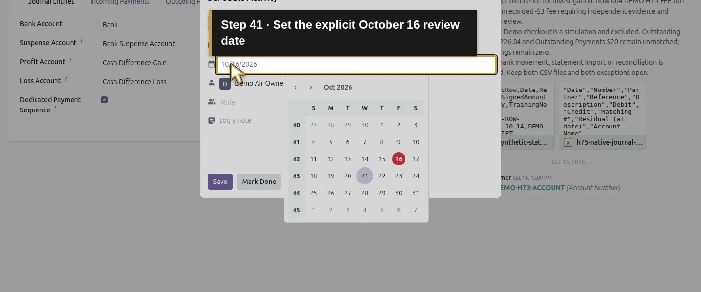 Action 41: Set the explicit October 16 review date. The actual target is highlighted in gold.
